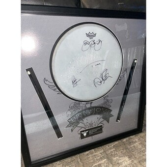 BON JOVI autographed STAGED USED Drum Head & Drumsticks FRAMED Beckett BAS LOA