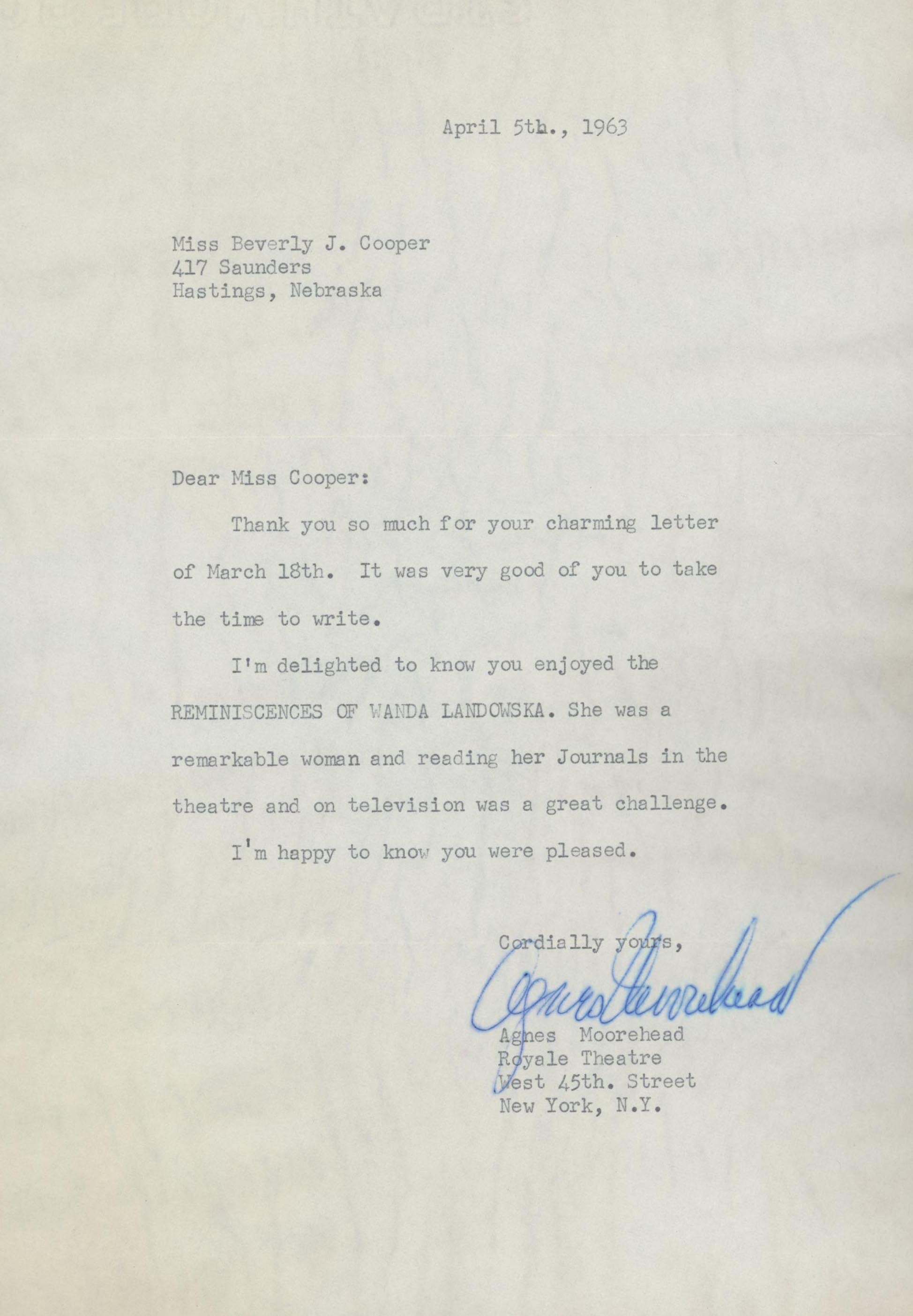 Agnes Moorehead BeWitched signed personal letter. GFA Authenticated