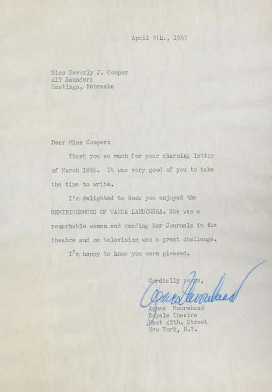 Agnes Moorehead BeWitched signed personal letter. GFA Authenticated