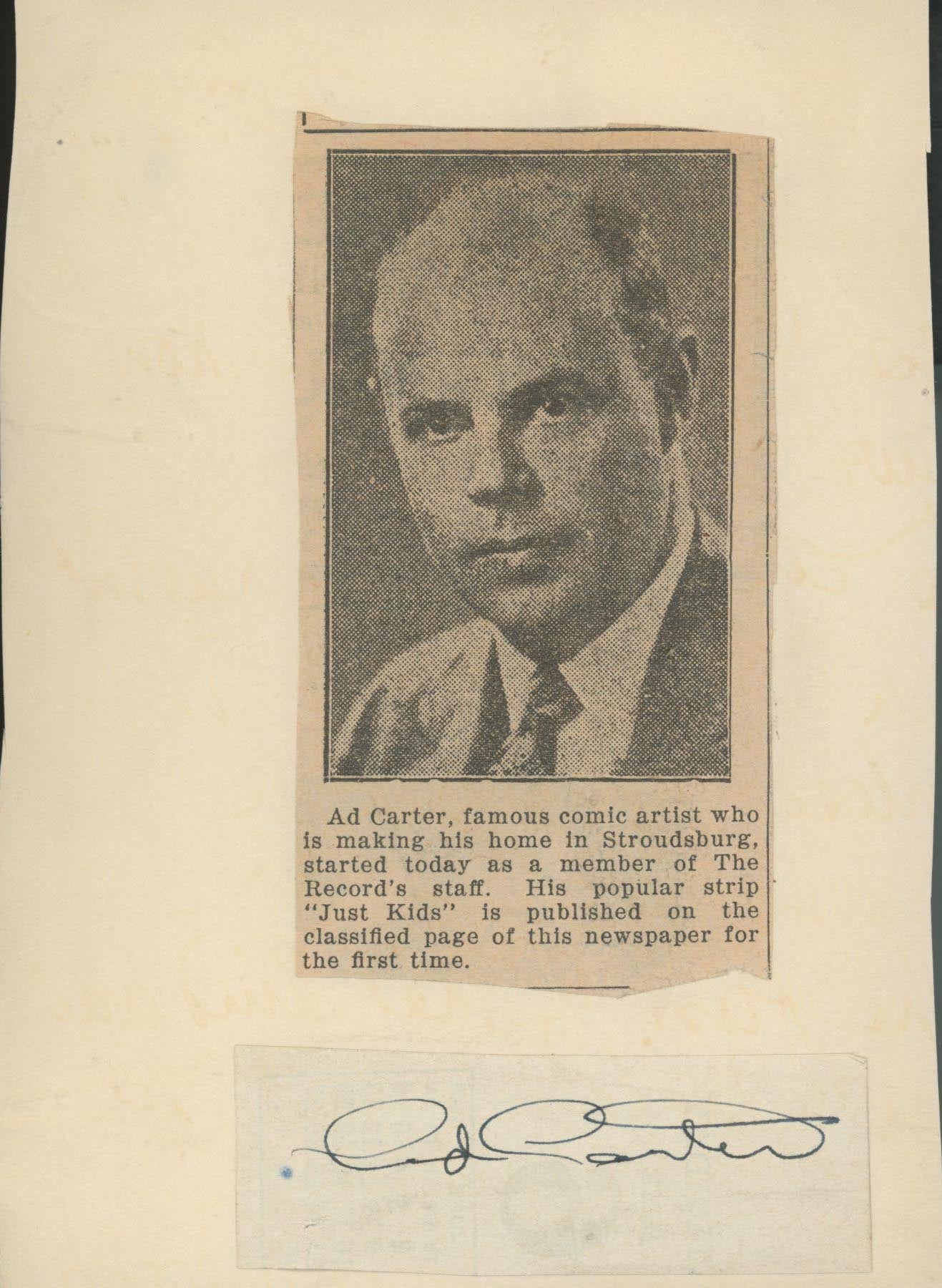 Ad Carter newspaper clip and signature