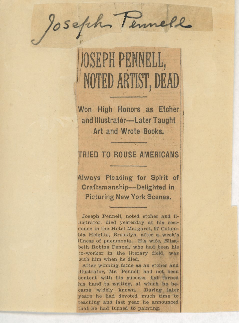 Rare Joseph Pennell original signature and newspaper clipping