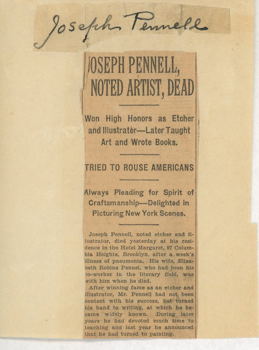 Rare Joseph Pennell original signature and newspaper clipping