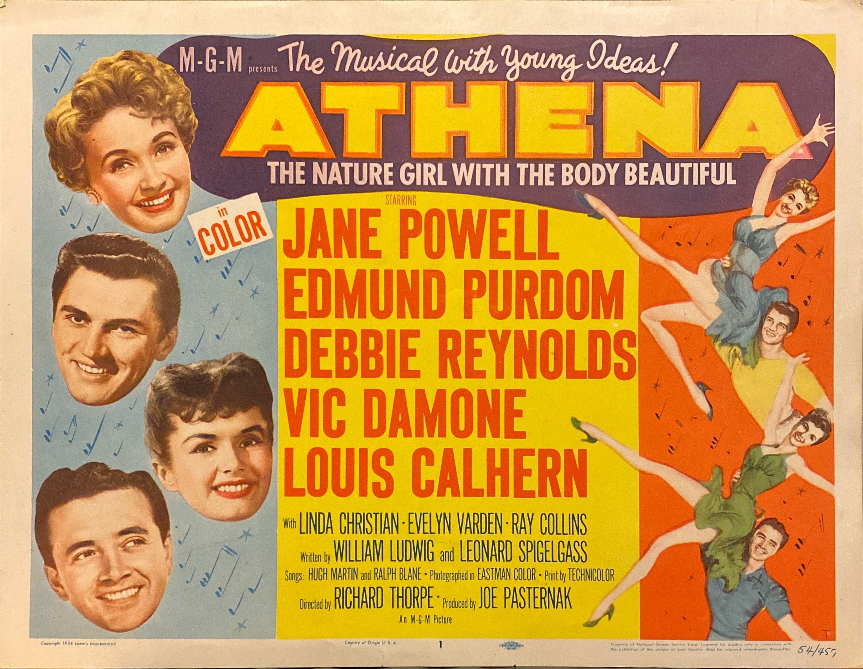 Jane Powell, Edmund Purdom, and Debbie Reynolds "Athena" original Lobby Card 