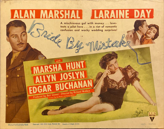 Alan Marshal and Laraine Day "Bride by Mistake" original Lobby Card 