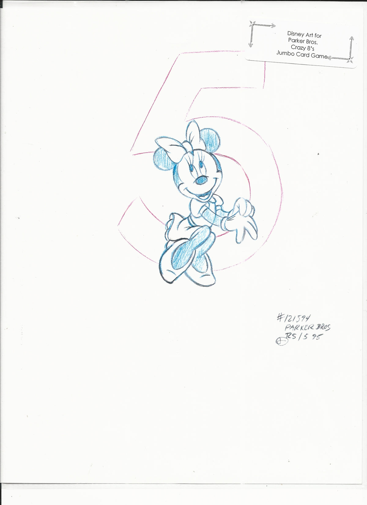 Disney Minnie Mouse original hand drawn art for Parker Bros. Hasbro Crazy 8's card game