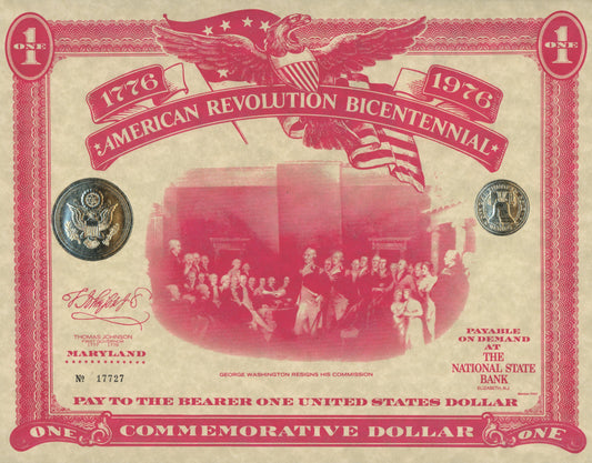 American Revolution Bicentennial Commemorative One Dollar Certificate/First Day Cover, Maryland