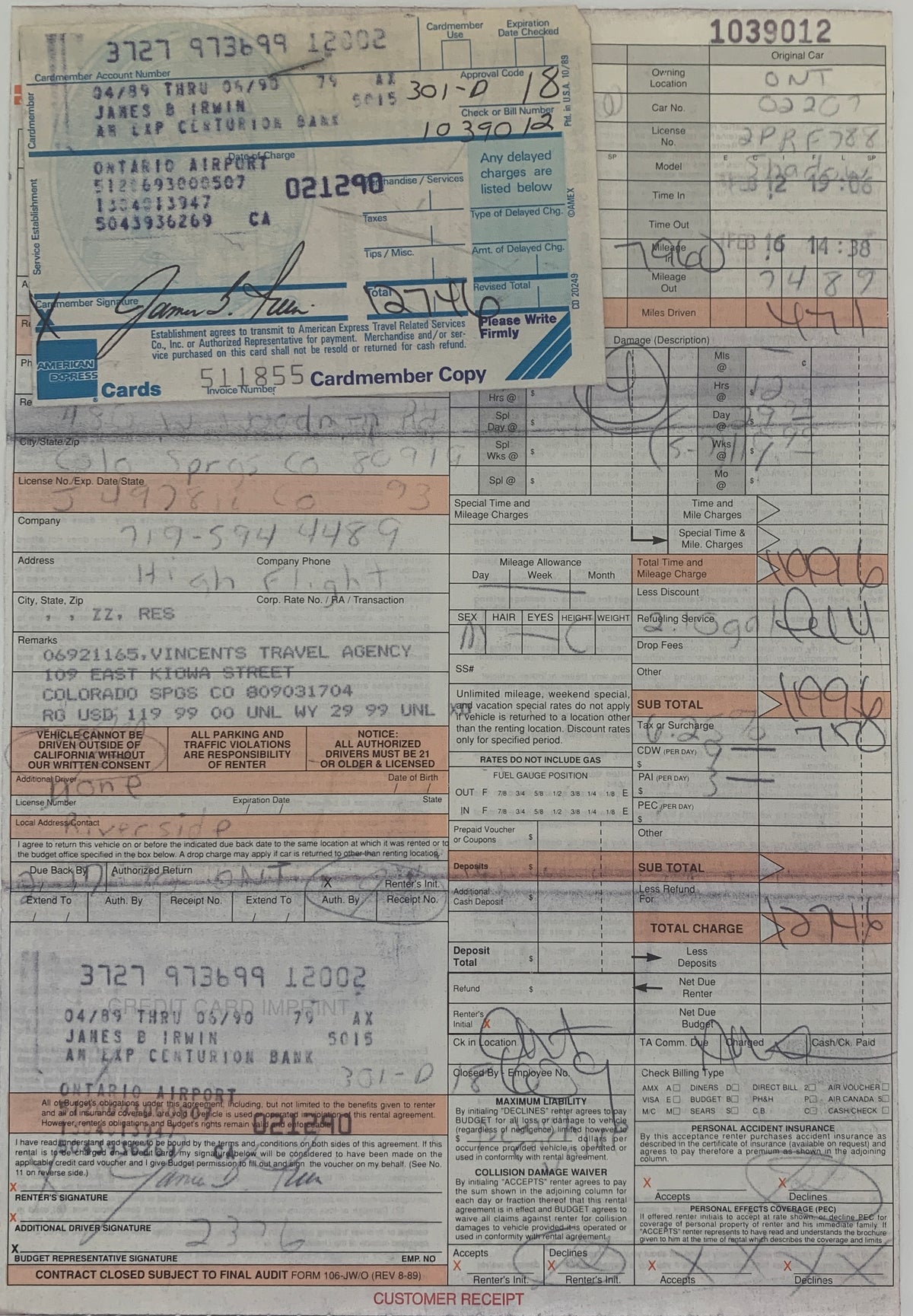 Astronaut Jim Irwin signed receipt