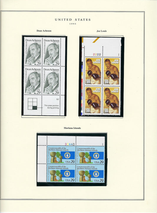 1993 US stamp collector sheet featuring Dean Acheson and Joe Louis stamps