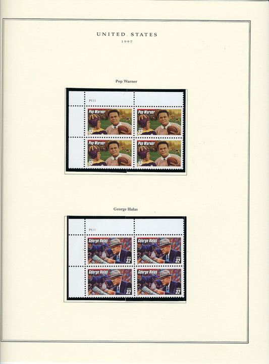 1997 US stamp collector sheet featuring Pop Warner and George Halas stamps