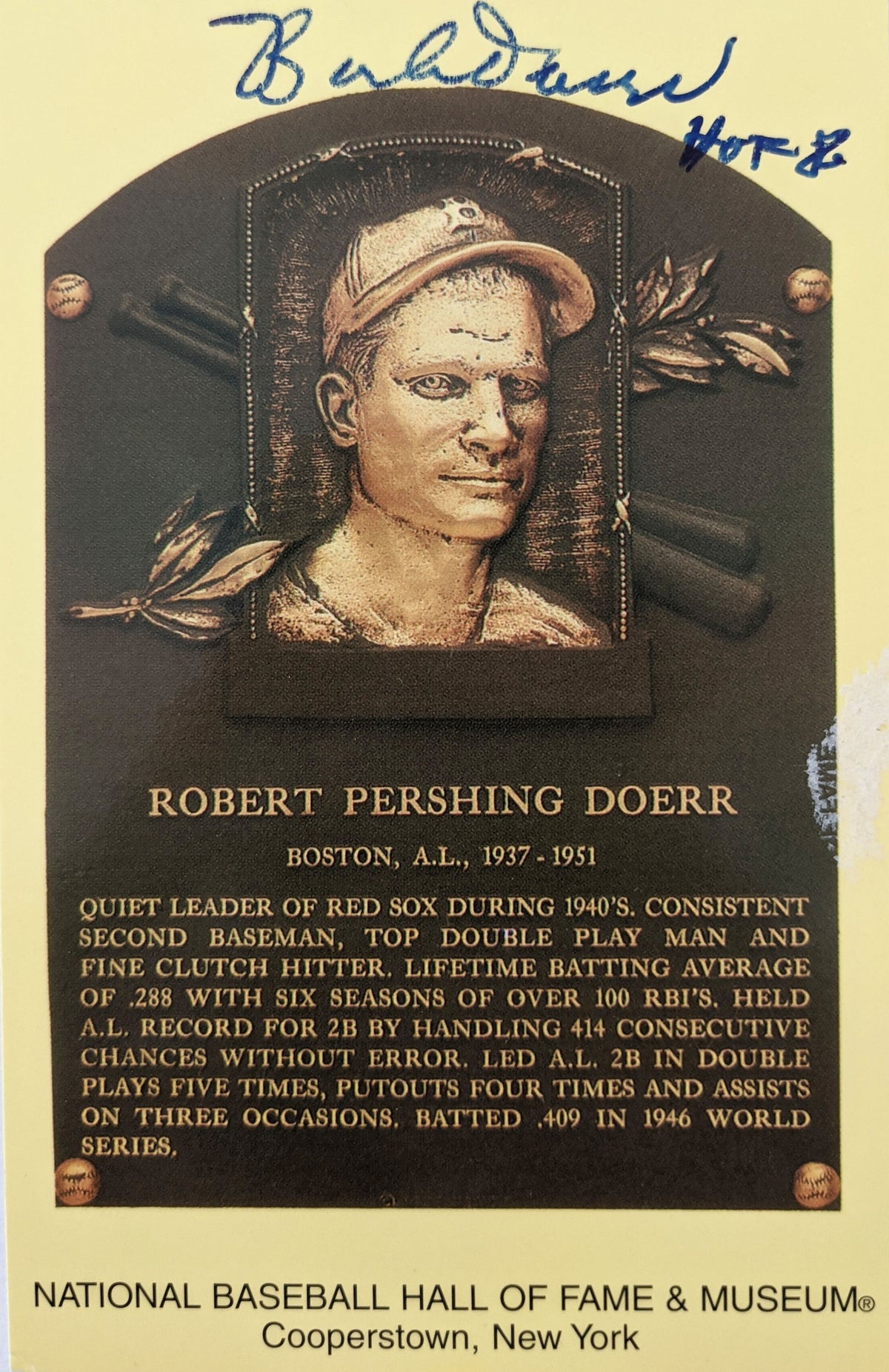 Bobby Doerr signed Baseball Hall of Fame Plaque Postcard