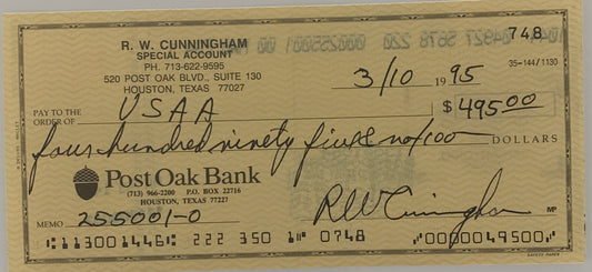 Apollo 7 Astronaut Walter Cunningham signed check