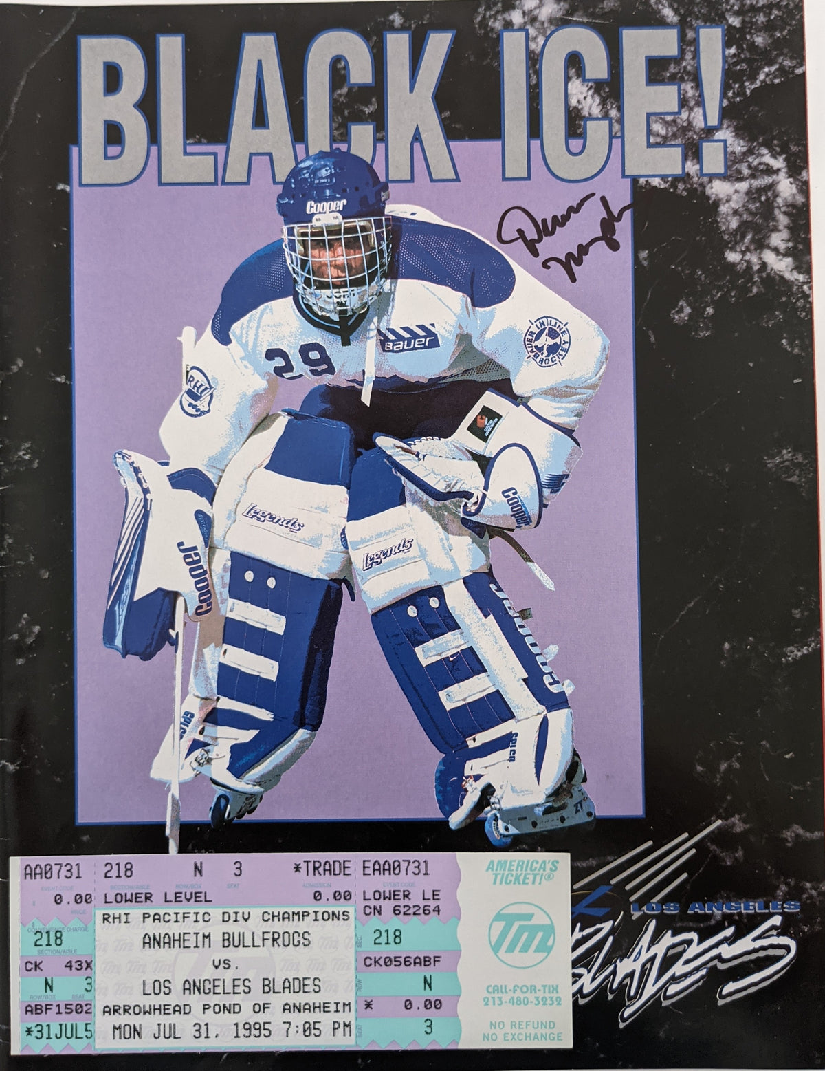 Black Ice Roller Hockey Signed Program and Game Ticket - 1995