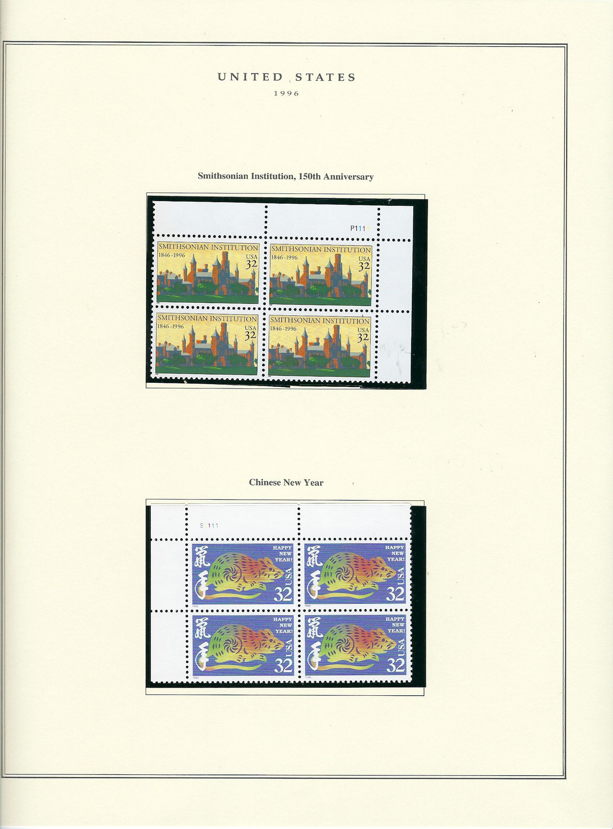 1996 US stamp collector sheet featuring Smithsonian 150th Anniversary and Chinese New Year stamps