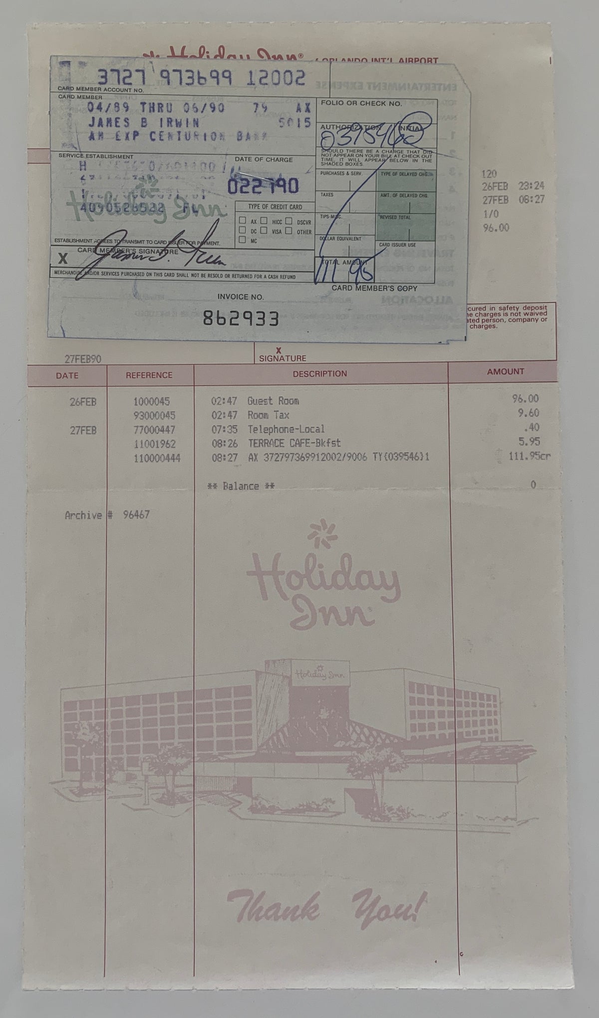 Astronaut Jim Irwin signed receipt