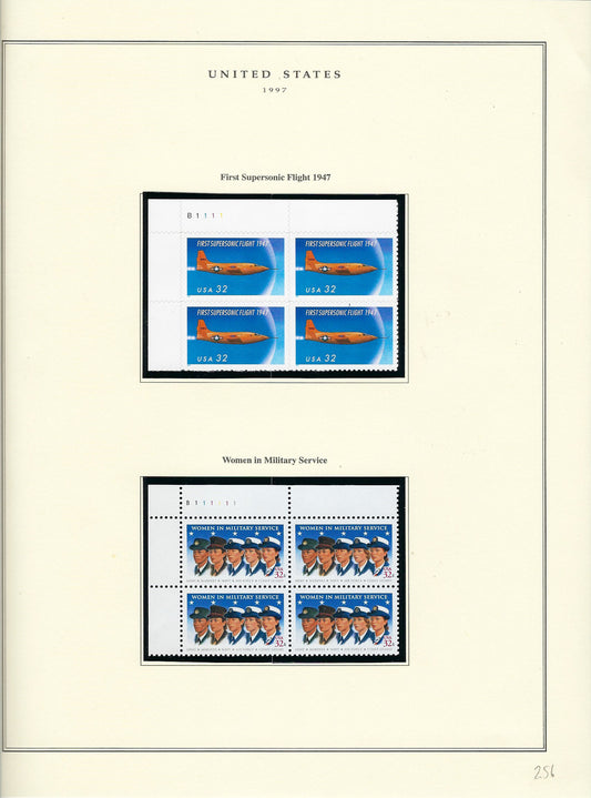 1997 US stamp collector sheet featuring First Supersonic Flight 50th Anniversary and Women in Military Service stamps