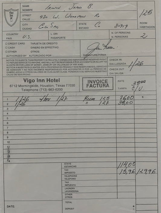 Astronaut Jim Irwin signed receipt