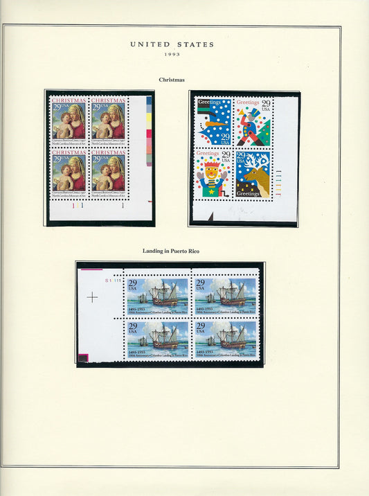 1993 US stamp collector sheet featuring Christmas, Season's Greetings and American Landing in Puerto Rico stamps