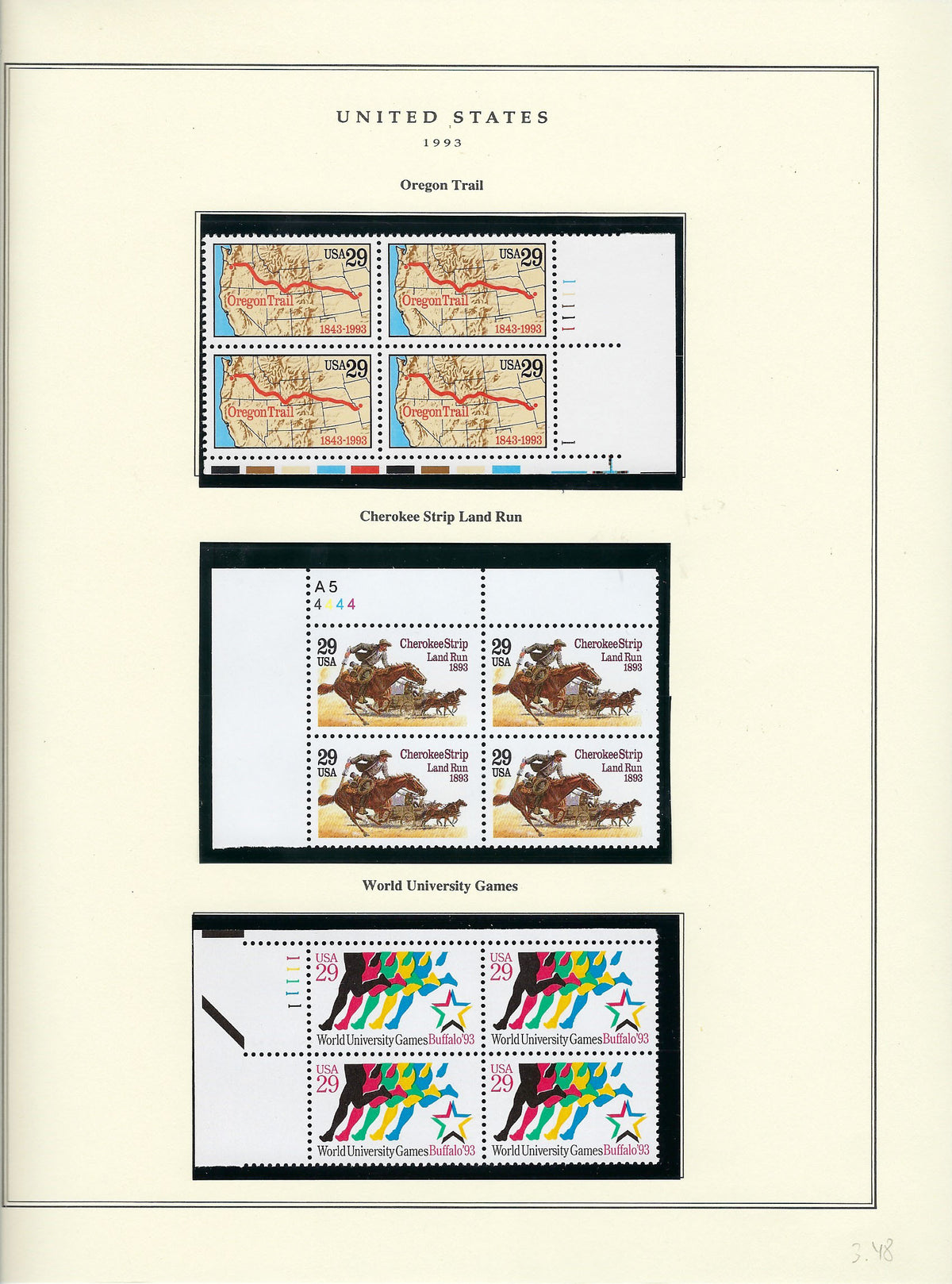 1993 US stamp collector sheet featuring Oregon Trail, Cherokee Strip Land Run and World University Games stamps