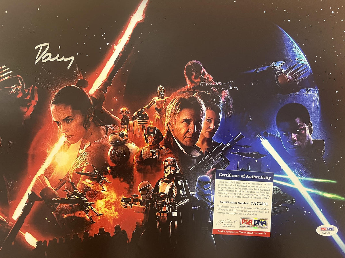 Star Wars Force Awakens Daisy Ridley signed mini poster. PSA authenticated