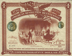 American Revolution Bicentennial Commemorative One Dollar Certificate - Delaware