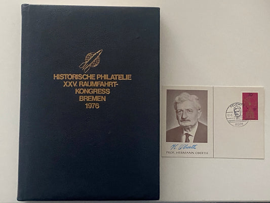 Professor Hermann Oberth signed postcard with 1976 book