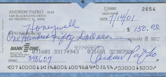 Andrew Pafko signed check