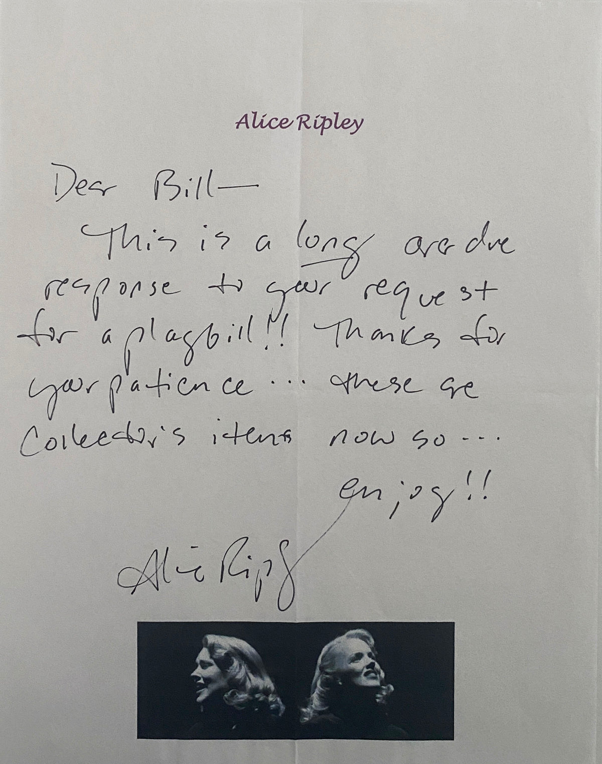 Alice Ripley Signed Note