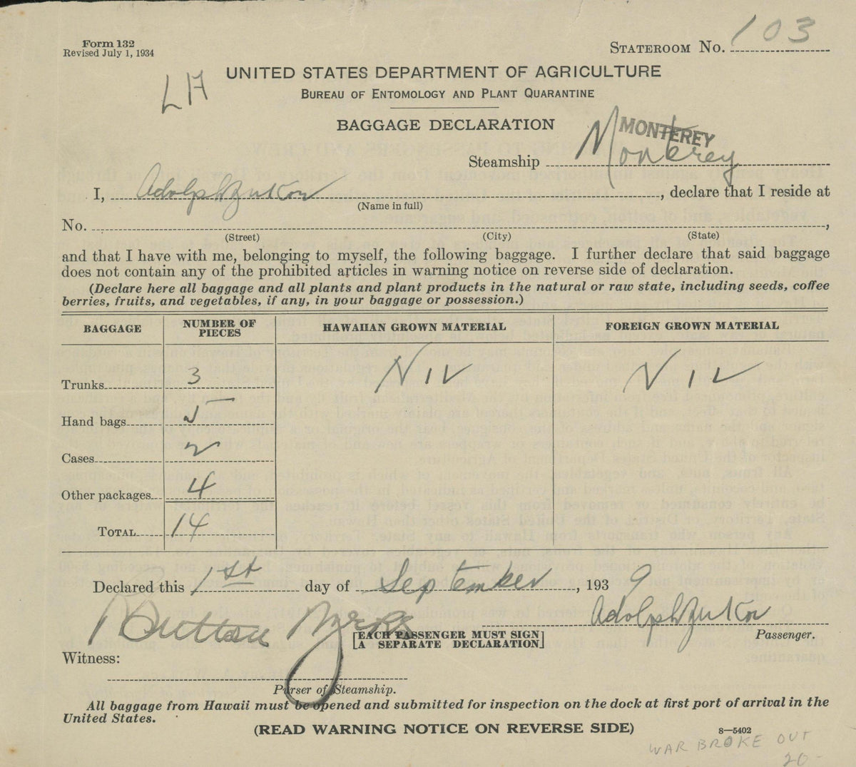 Adolph Zukor signed baggage declaration