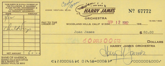 Big Band Musician Harry James signed check