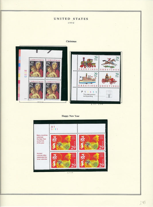 1992 US stamp collector sheet featuring Christmas and New Year's stamps