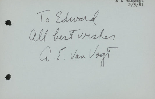 A.E. Van Vogt signed note