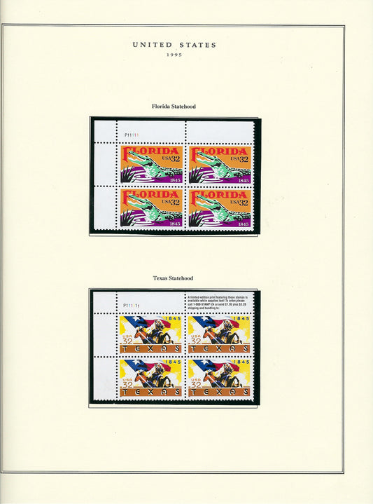 1995 US stamp collector sheet featuring Florida and Texas stamps