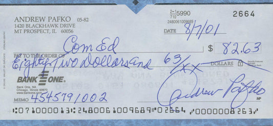 Andrew Pafko signed check