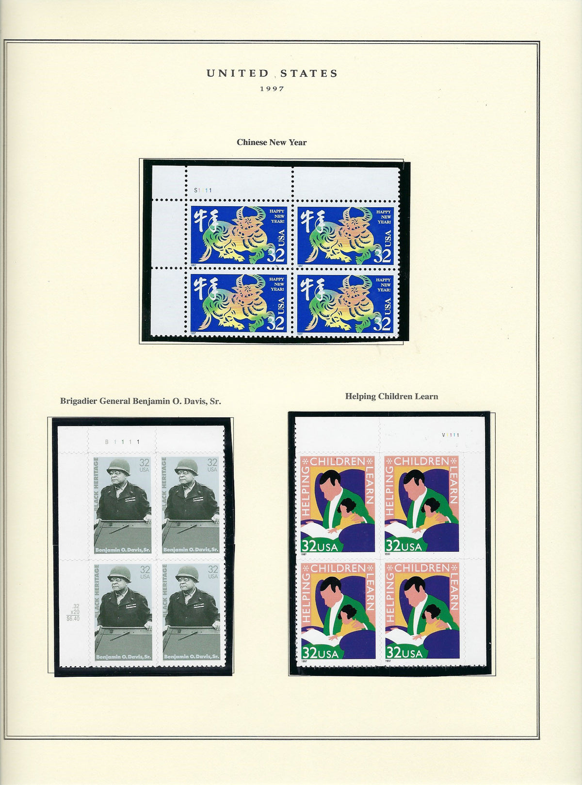 1996 US stamp collector sheet featuring Chinese New Year, Brigadier General Benjamin O. Davis and Helping Children Learn stamps