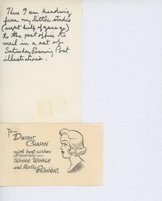 Winnie Winkle artist Martin Branner handwritten note and drawn sketch