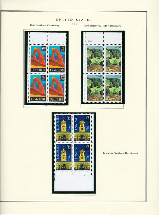 1996 US stamp collector sheet featuring Utah, Iowa and Tennessee Statehood stamps