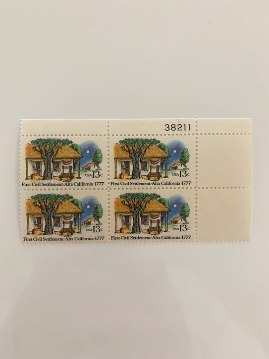 1977 13c First Civil Settlement: Alta, California Plate Block of Stamps