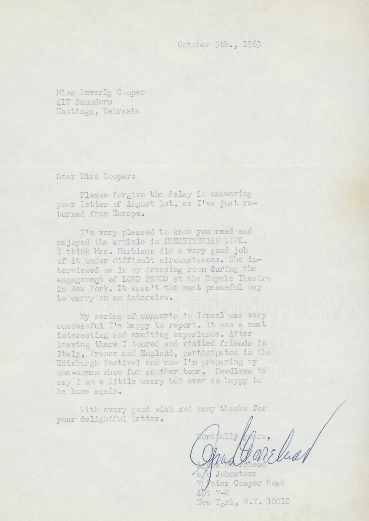 Agnes Moorehead BeWitched signed personal letter