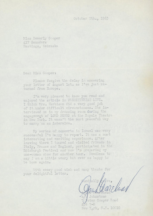 Agnes Moorehead BeWitched signed personal letter