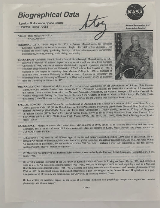 Astronaut Story Musgrave signed data sheet