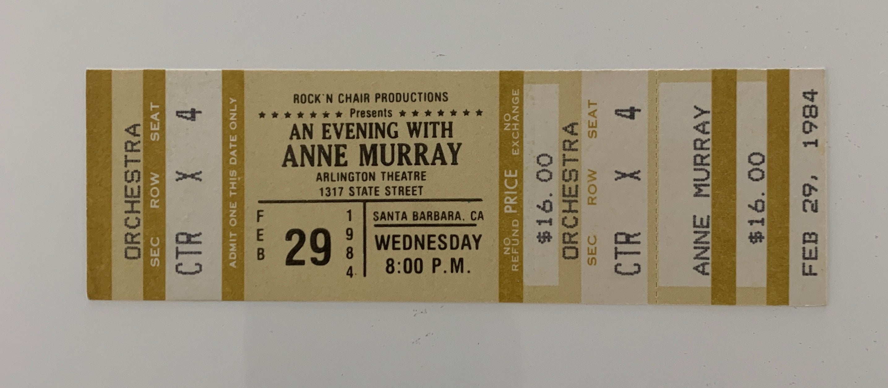 Anne Murray ticket Arlington Theatre 02/29/84