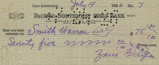 Zane Grey signed check