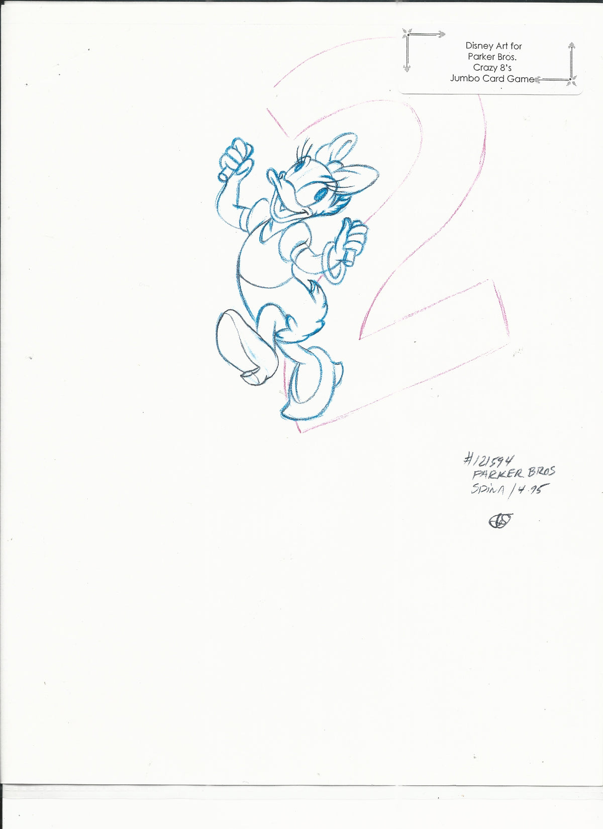 Disney Daisy Duck original hand drawn art for Parker Bros. Hasbro Crazy 8's card game