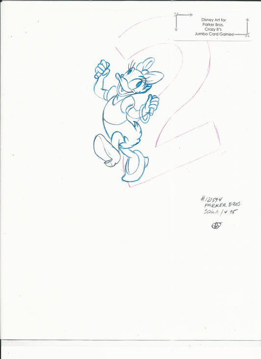 Disney Daisy Duck original hand drawn art for Parker Bros. Hasbro Crazy 8's card game