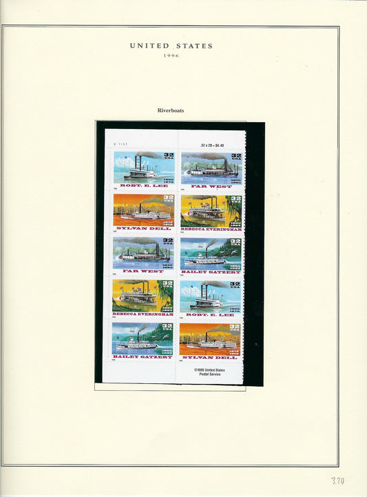 1996 US stamp collector sheet featuring Riverboats stamps