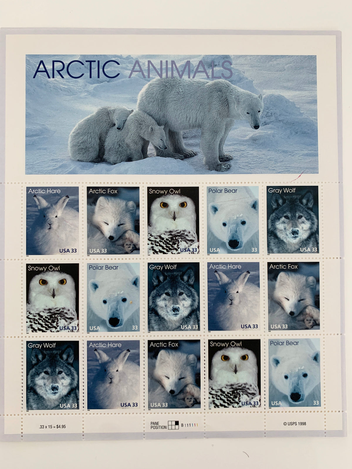 Arctic Animals: Arctic Hare, Arctic Fox, Snowy Owl, Polar Bear, and Gray Wolf, Full Sheet of 15 x 33-Cent Postage Stamps, USA 1999, Scott 3288-92