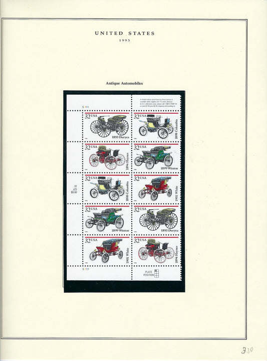 1995 US stamp collector sheet featuring Antique Automobiles stamps