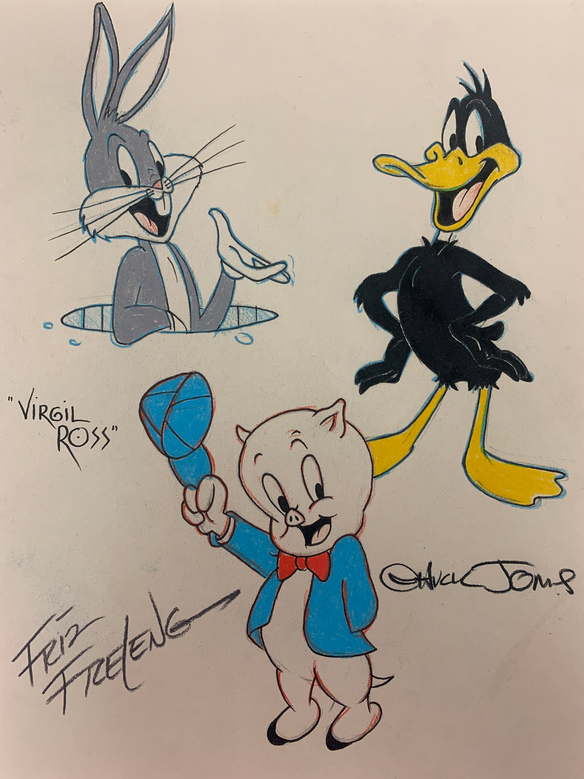 Looney Tunes Sketch signed by Virgil Ross, Chuck Jones and Friz Freleng