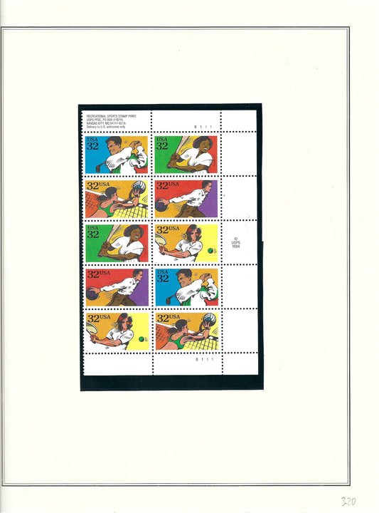 1995 US stamp collector sheet featuring Recreational Sports stamps