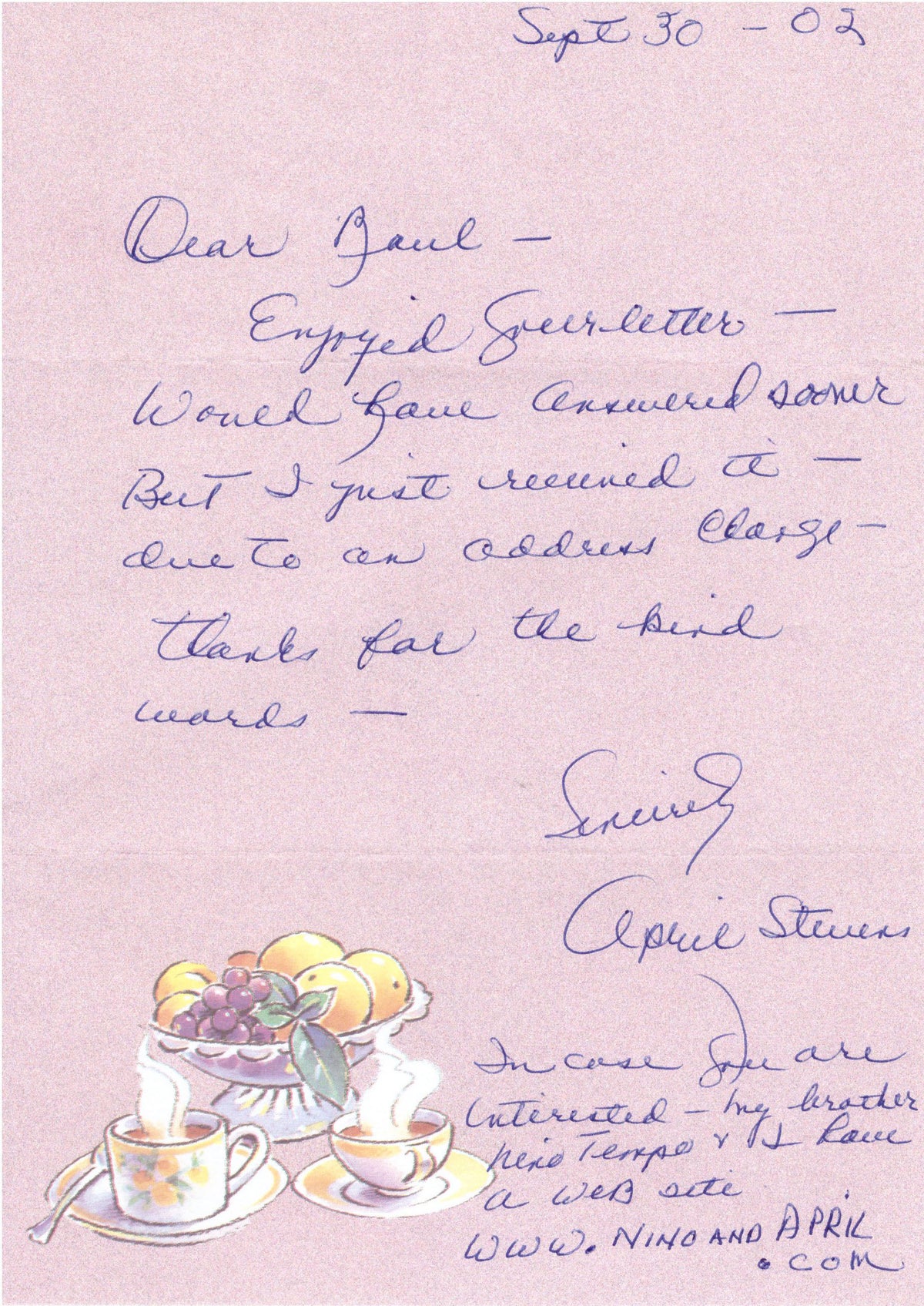 April Stevens handwritten signed letter